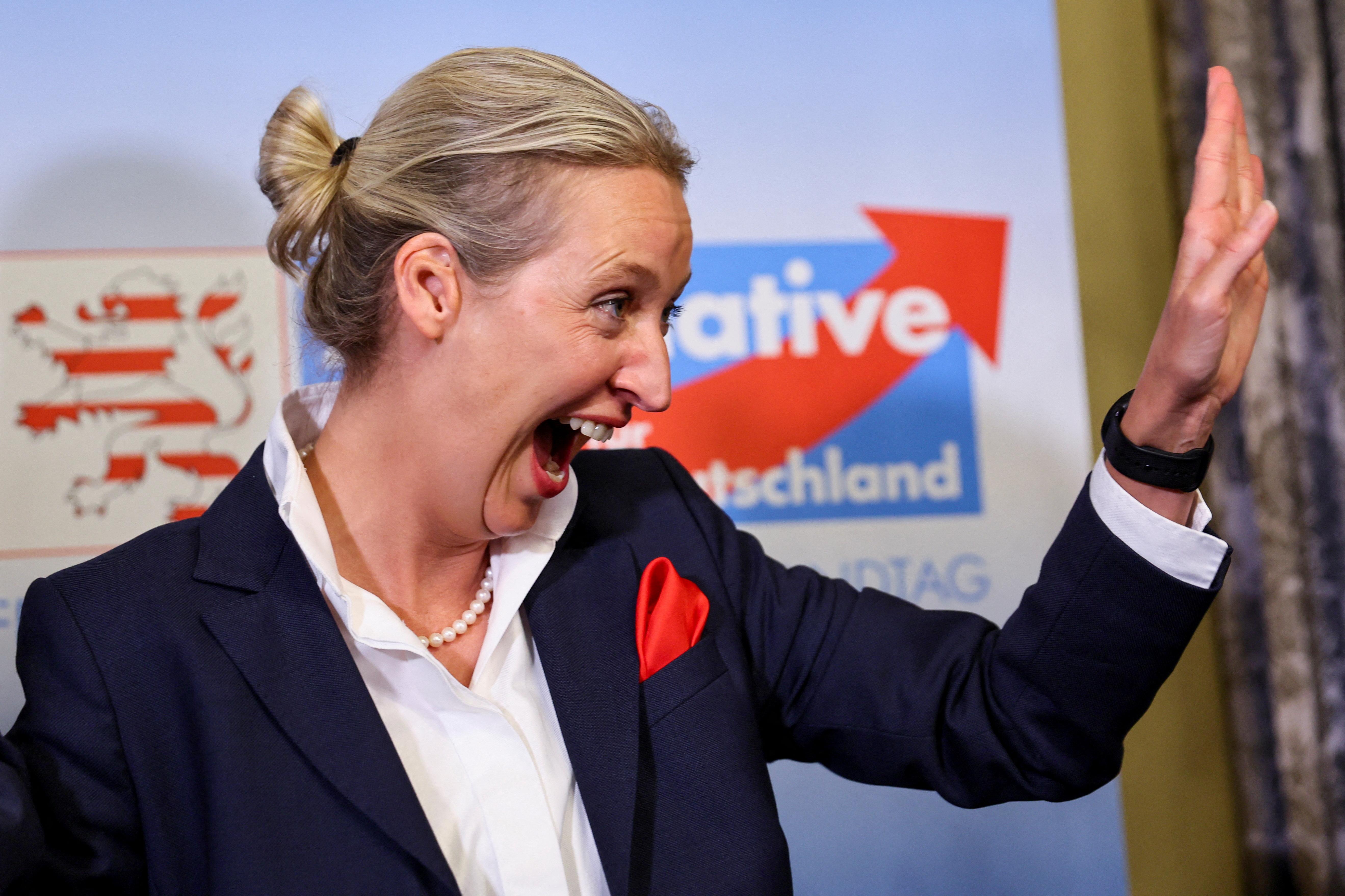 Alice Weidel, co-leader of the ultra-right Alternative for Germany party (AFD) reacts after the first exit polls for the Hesse state elections were published, in Wiesbaden, Germany, October 8, 2023.